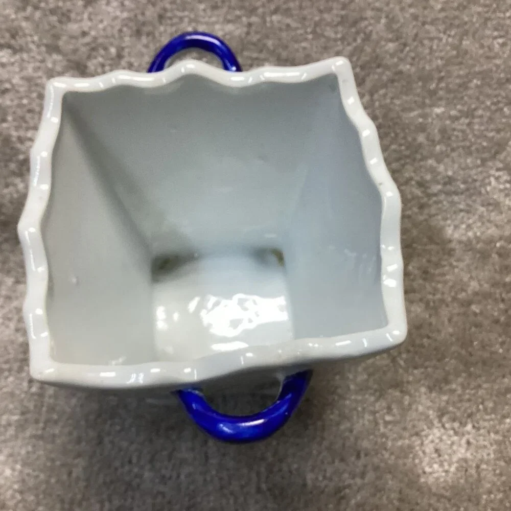 Vintage Chinese Porcelain Vase Planter With‎ Blue Handles & Floral Bamboo Design